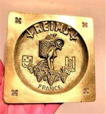 Antique Souvenir Brass Ash TRAY REIMS FRANCE Depose marked St G basket of grapes