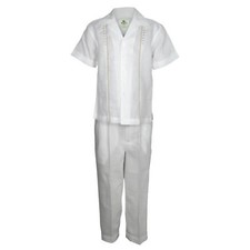 Boys White 100 Linen Set 3980 WHT Khaki Embroidery Shirt Pockets  Pant 4 to 18