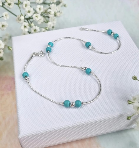 ANKLET blue TURQUOISE 925 Sterling Silver Chain Ankle Bracelet Birthstone 10" - Picture 5 of 5