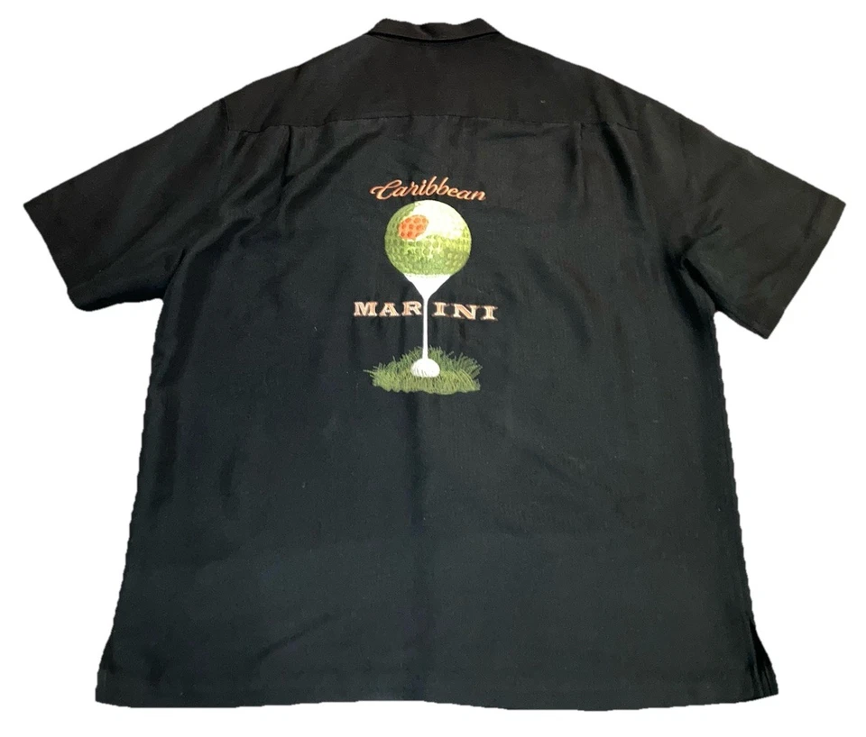 Caribbean Shirt Mens Large Black Camp Short Sleeve Embroidered Martini Golf - Image 4 of 4
