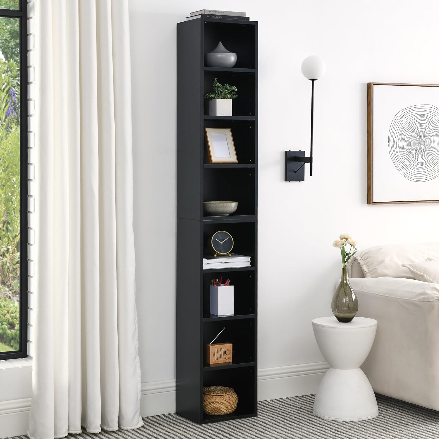 8-Tier Black Slim CD DVD Storage Cabinet with Narrow Shelves