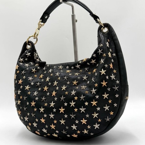 Jimmy Choo Sky Bag Black Leather Star Studded Hobo Shoulder Bag 2Way Large