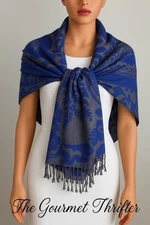 Pashmina Silk Blend Shawl Wrap Scarf Blue Gray Floral Fringe 27x70