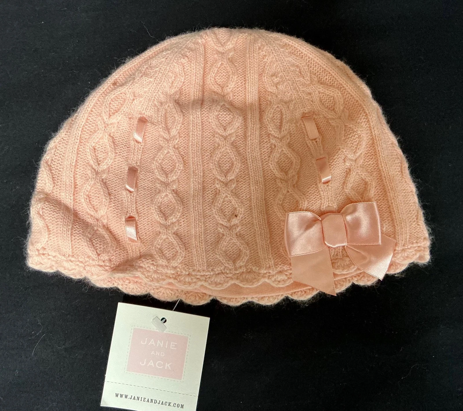 NWT Vtg Janie and Jack soft pink cable knit ribbon beanie hat cap 2T 3T