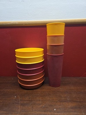 vintage Tupperware autumn-colored, stackable 4 tumblers And 6 Bowls