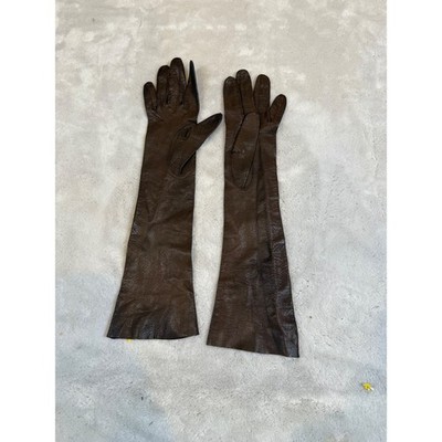 Vintage Caresskid Brown Real Kid Leather Opera Length Evening Gloves Size 6