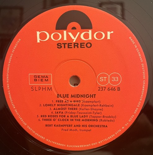 Bert Kaempfert & His Orchestra "Blue Midnight" Polydor German Pressing NM 237646 - Imagen 3 de 4