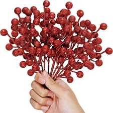 NEW 24Pcs 8" Red Glitter Faux Winter Berry Sprigs Christmas Tree Decor Crafts