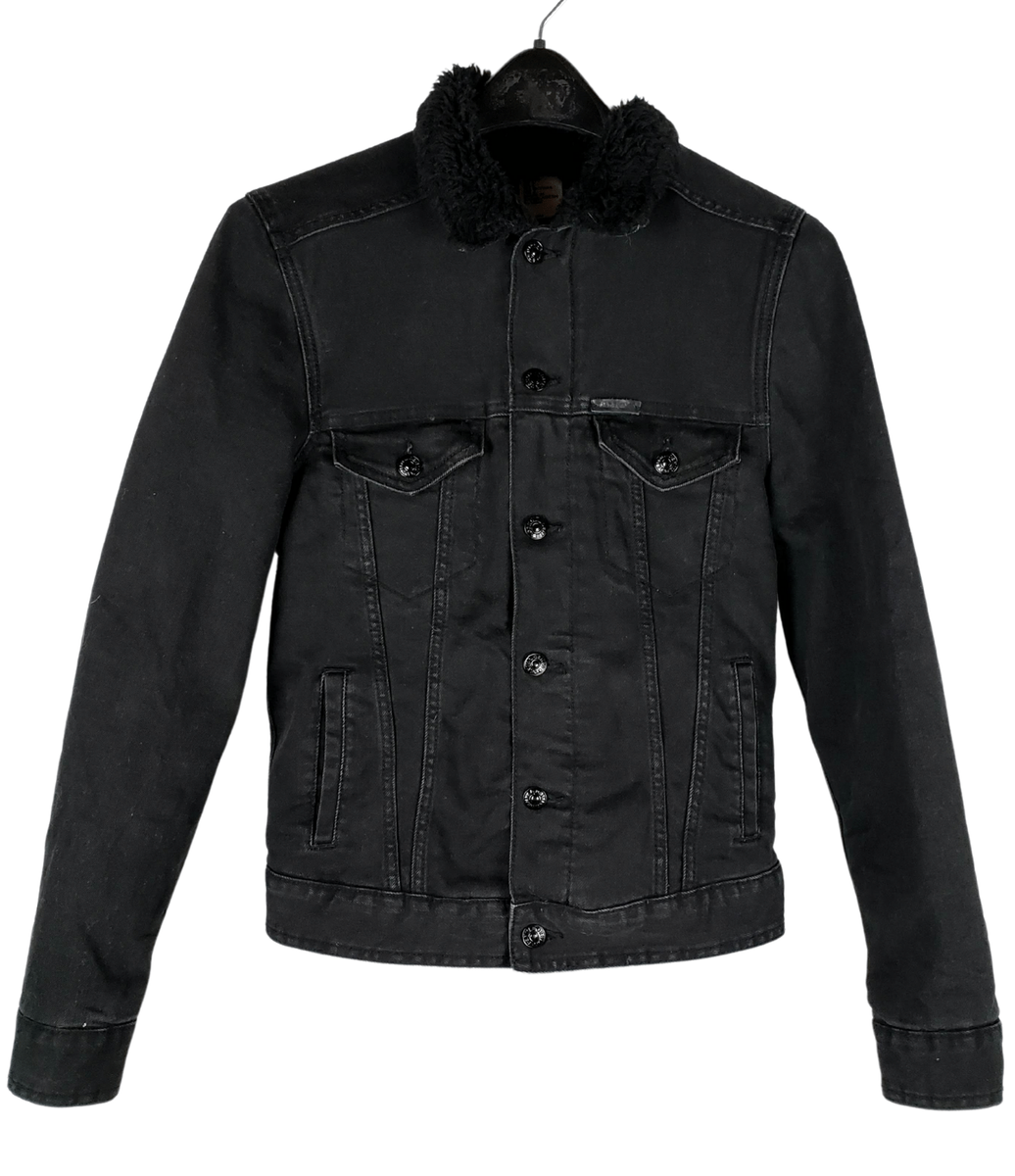 Mens Denim Black Fur Lined Denim Jacket Womens H&M Black Faux Fur