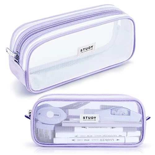 KALIDI Grid Mesh Pencil Case Pen Bag Clear Case Marker Pouch Purple