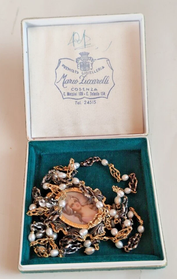 collana vintage oro argento e perle con ciondolo a spilla - Immagine 3 di 4