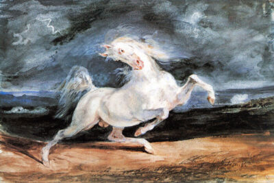 WHITE HORSE FRIGHTENED BY A STORM PAINTING BY EUGENE DELACROIX REPRO 