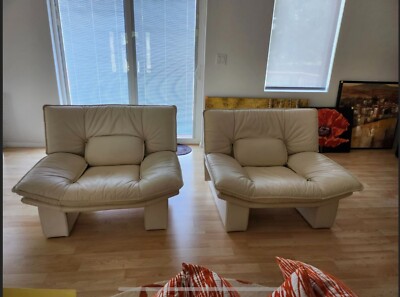 Nicoletti Salotti 1970s Modern Italian Ivory Leather Sofa and Chair Set of 