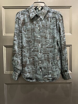 Per Se By Carlisle 2 Black / Blue Silk Blend Semi Sheer Long Sleeve Button Up