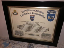 100TH AIRBORNE DIVISION / COMMEMORATIVE - CERTIFICATE OF COMMENDATION