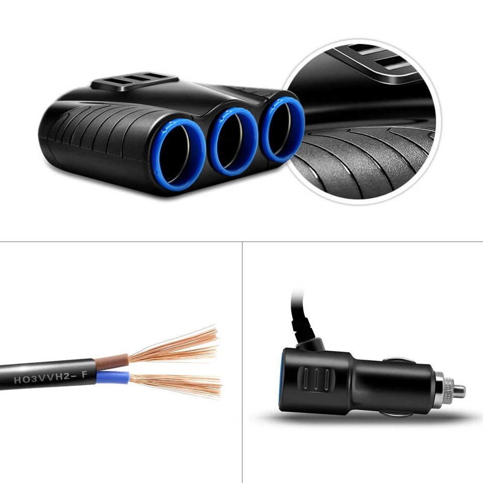 Cigarette Lighter Socket Splitter 12V 24V Outlet Power Adapter 3 USB Charger Car - Image 3 of 4