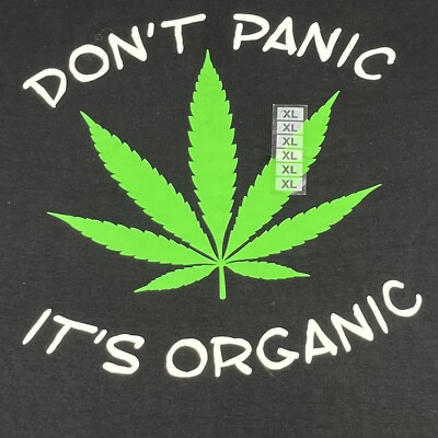 NWT Don t Panic It s Organic T Shirt Sz XL Sunsations Black Cotton Spellout New!