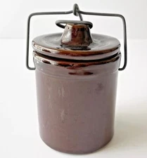 Vintage Brown Stoneware Cheese Crock 4 Inch Jar with Spring Lid Kitchen Decor