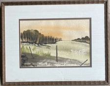 Vintage Original Watercolor Painting Outdoor Hillside Sunset Landscape Wall Art