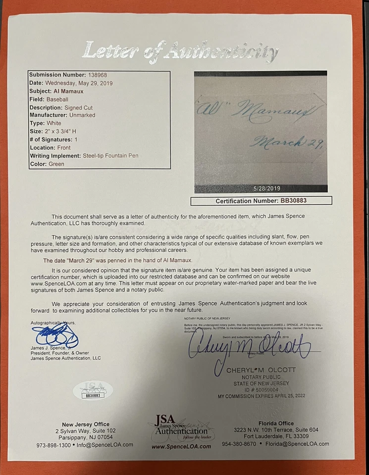 Al Mamaux Rare Vintage Signed Cut Index Card JSA LOA - Image 2 of 2