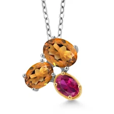925 Silver and 10K Yellow Gold Orange Red Madeira Citrine and Created Ruby