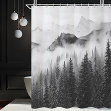 Mountain Shower Curtain, Abstract Grey Misty Forest Shower Curtain Set Waterp...