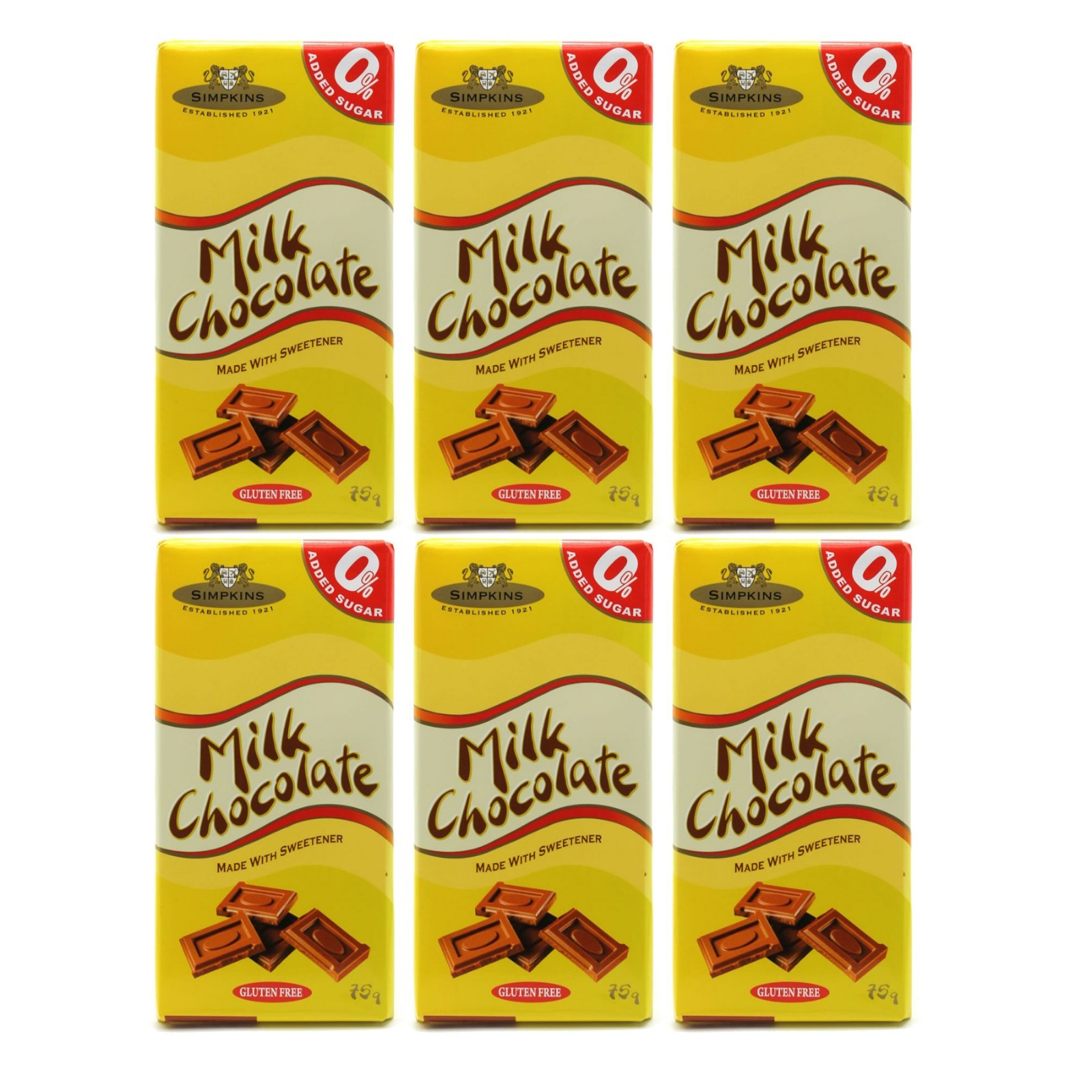 Simpkins No Added Sugar Milk Chocolate 6 x 75g - Gluten Free