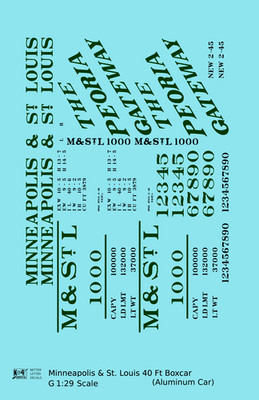 K4 G 1:29 Scale Decals Minneapolis & St Louis Aluminum 40 Ft Boxcar