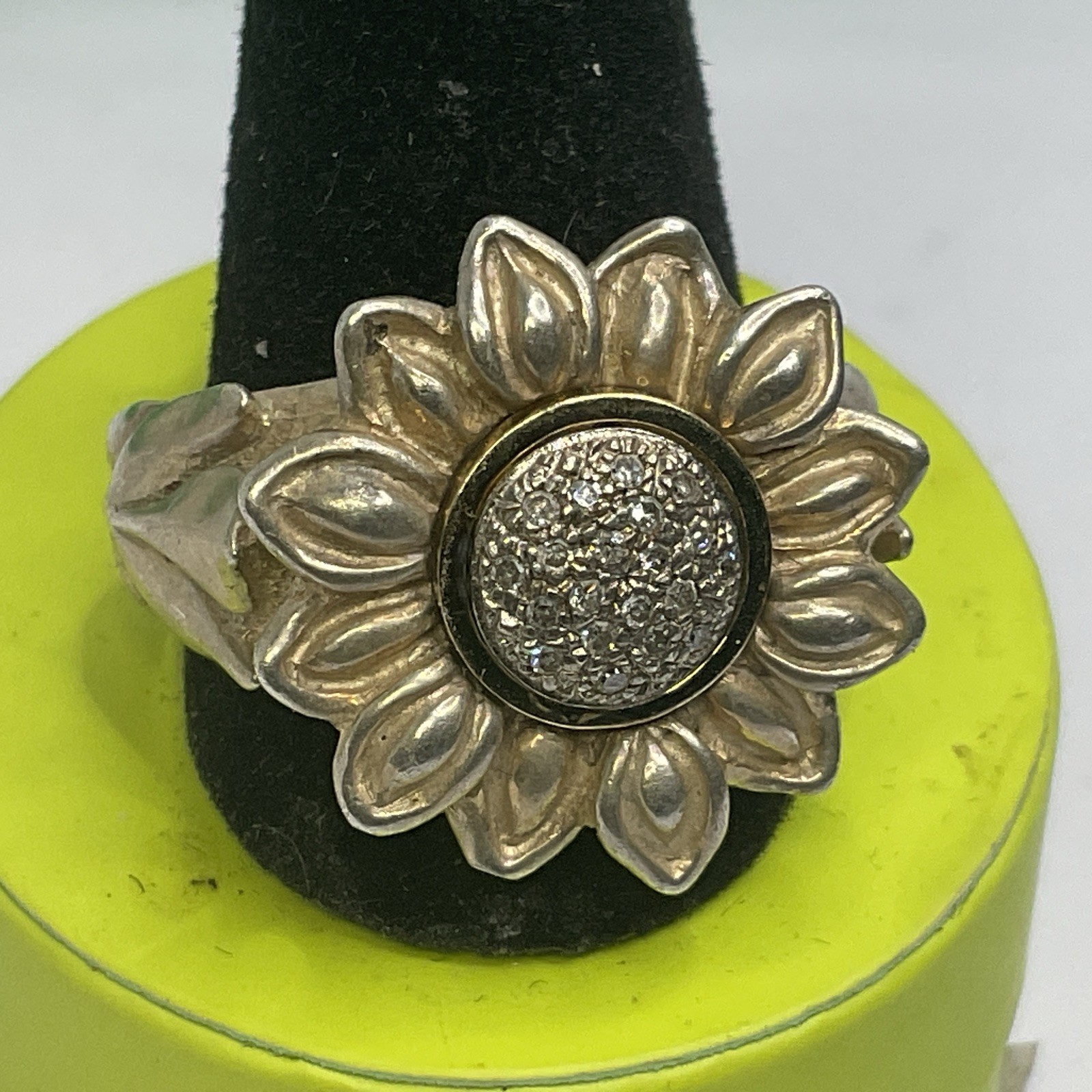 Sterling Silver ring rhinestone rosette flower ri… - image 1