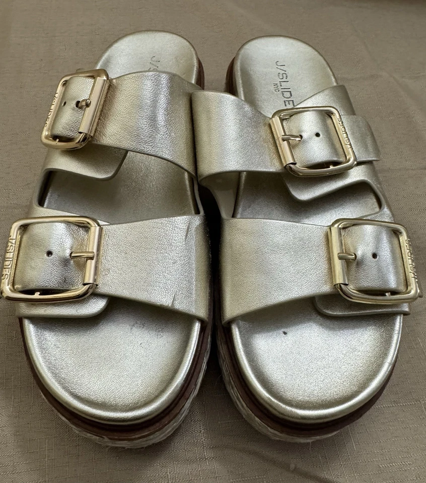 J Slides Bonnie Leather Gold Metallic Double Buckle Platform Mules 8.5 - Image 3 of 4