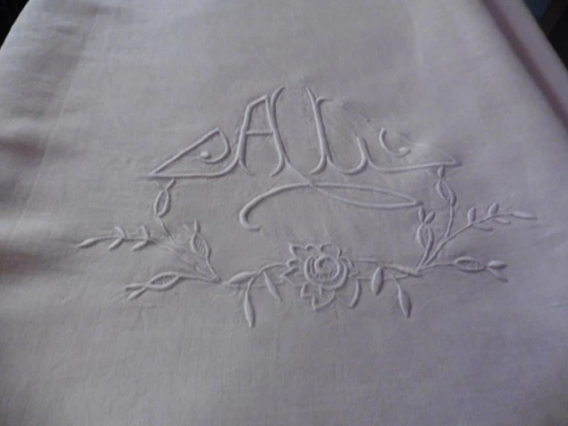 ANCIEN DRAP PUR LIN CREME"AL"JOURS IMPORTANT DE 4CM BRODERIE MAIN 225 X 300 CM - Photo 3/4