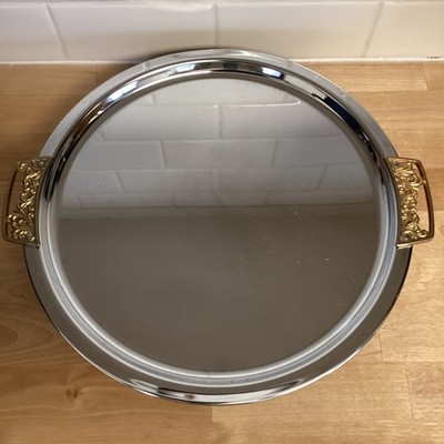 Vintage MCM Kromex Round Chrome Serving Tray Filigree Gold Handles 13  Diameter