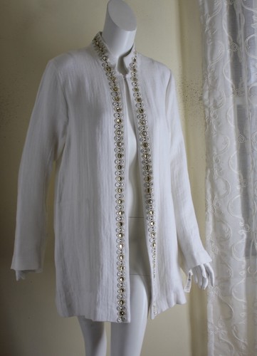 NWT Eskandar Sz 1 Oyster Rich Incredible Achkan Beaded Herringbone Linen Jacket - Picture 4 of 12