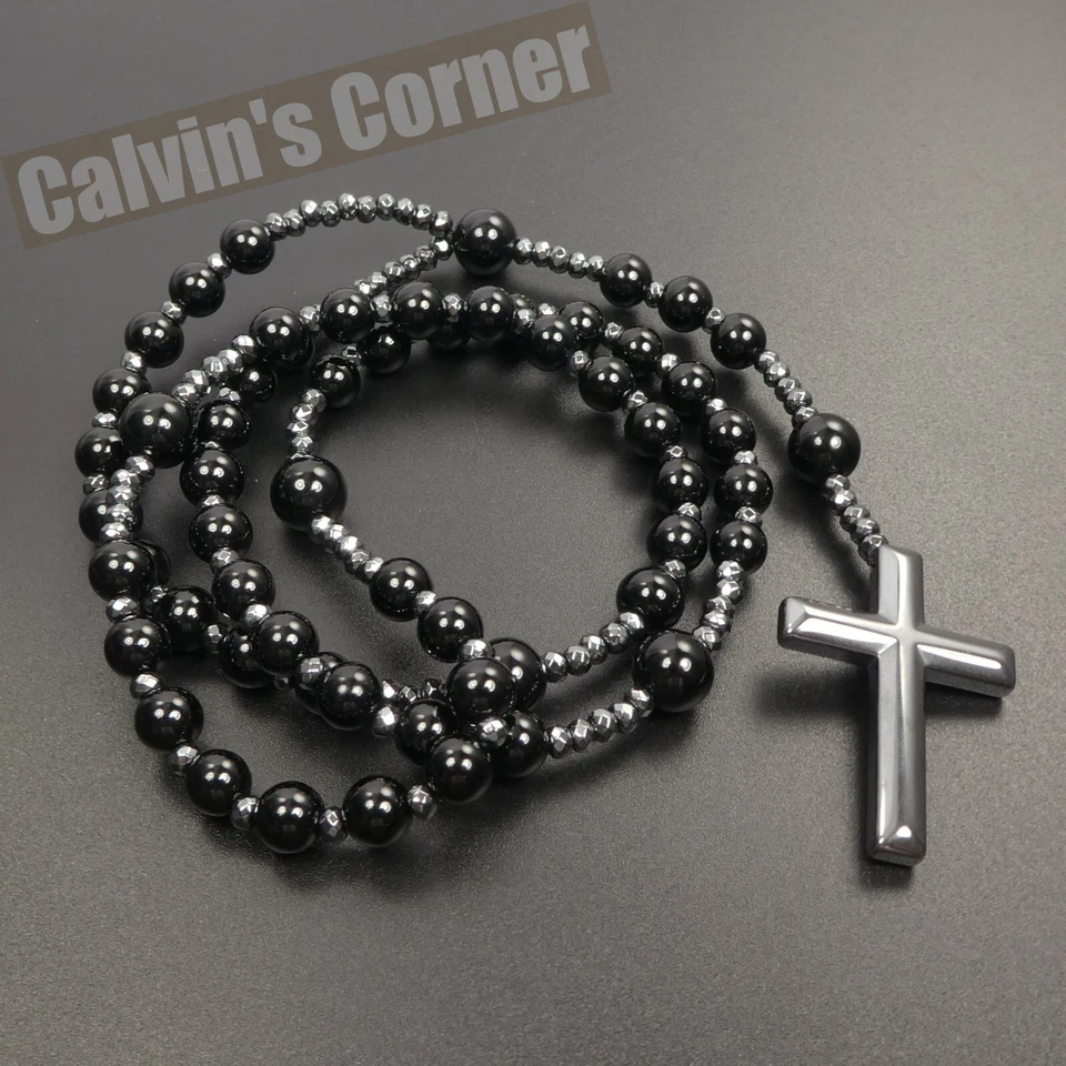 Collar Rosario Cruz Hematita Cuentas Ónix Negro Católico Hombres Mujeres Regalo Colgante Foto 2 de 4