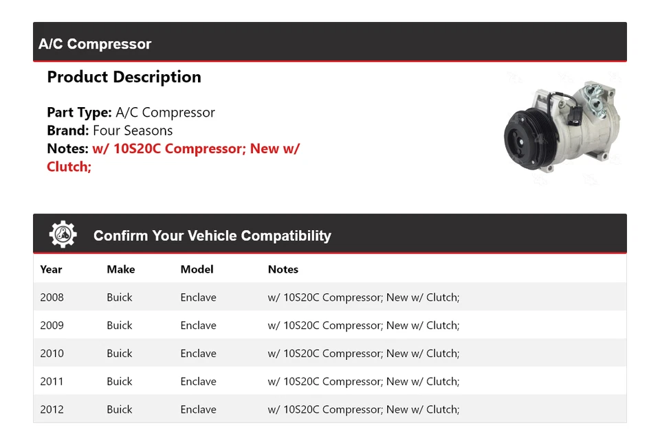 Compresor de aire acondicionado Buick Enclave 2008-2012 4 estaciones 2009 2010 2011 Foto 2 de 4