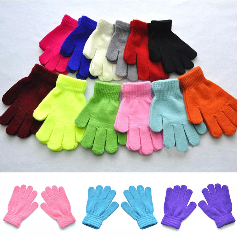 Winter Warm Kids Children Knit Gloves Full Finger Stretchy Mittens Solid Color