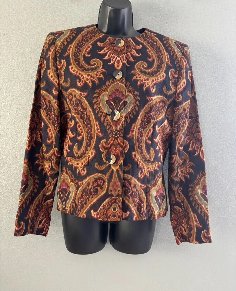Jones New York Button Front Paisley Print Lined Blazer Jacket Womens Size 6 - Image 2 of 4