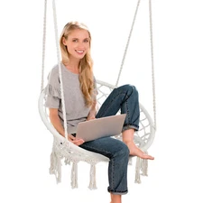 Hammock Chair Macrame Hanging Chair Swing Chair Max 330 Lbs with Tassels Beige