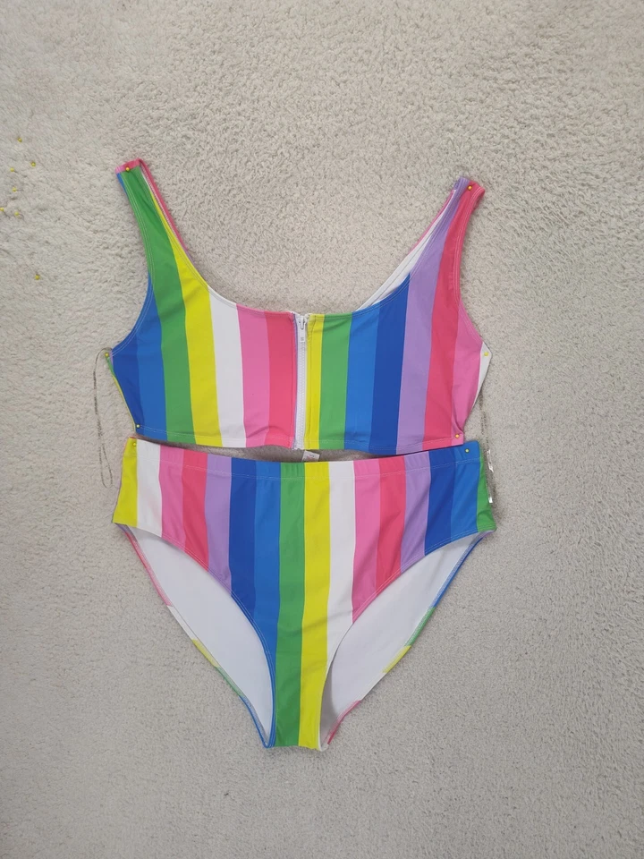 Forever 21+ 女式泳装 3X 彩色条纹聚乙烯混纺两件式泳装 — 第 2/4 张图片