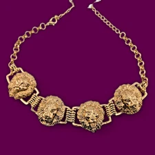 GOLDEN LION LINK CHAIN CHOKER metal gold tone big cat face panther necklace U1