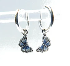 Authentic Pandora Earrings, Blue Butterfly Hoops, #290778C01