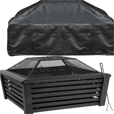 89cm Quadratisch Schwarz Feuerstelle Holzofen & Abdeckung Set - Outdoor Garten Heizung Netz
