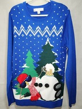 Ugly Christmas Sweater Size L Blue Drunk Snowman Beer Funny Holiday Party