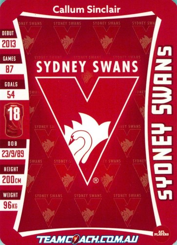 2019 Sydney Swans AFL TeamCoach Card - Callum Sinclair - Picture 2 of 3