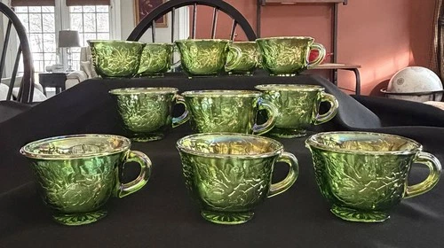 Vintage Iridescent Green Carnival Glass Punch Cups - Set Of 12 - Harvest/Holly