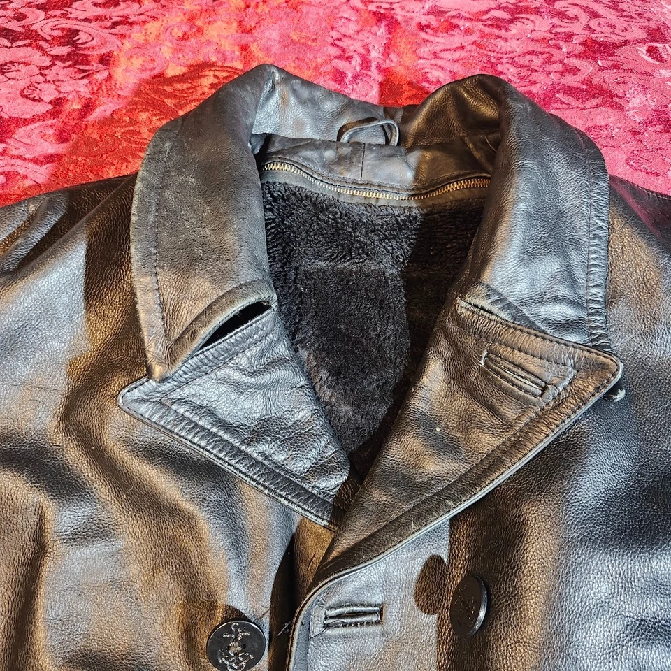 Abrigo de guisante vintage Express de cuero negro con botones con forro polar extraíble Foto 3 de 4