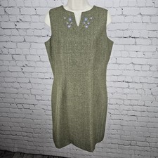 VTG Villager Liz Claiborne Green Herringbone Floral Sheath Lined Midi Dress 12P