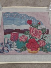 Vtg Hand Painted Needlepoint Canvas Scalloped Fan w/ Roses Flowers  Wine Glass