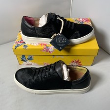 Joules Solena Leather Fur Pumps Trainers Black UK 6 BNIB