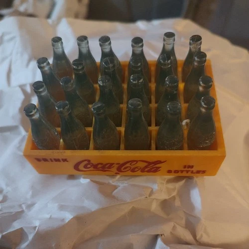 Vintage Miniature Coca Cola Plastic Yellow Case Crate With 24 Green Bottles